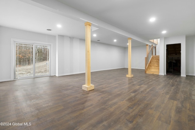 734 Groveside Rd, Pittstown, NY 12028 - below grade area with baseboards, stairway, recessed lighting, and dark wood finished floors