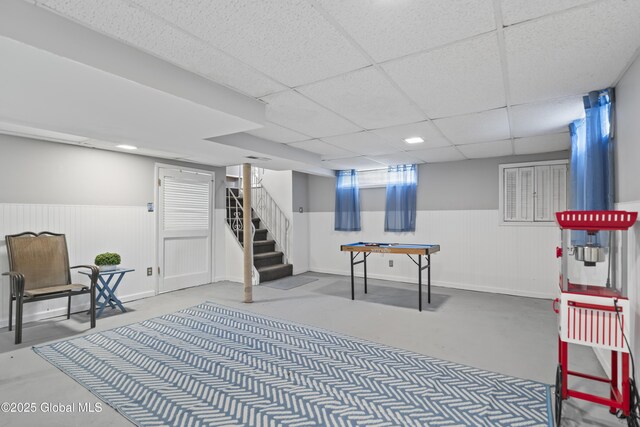 2125 Ferguson St, Rotterdam, NY 12303 - game room featuring wainscoting, a drop ceiling, and concrete floors