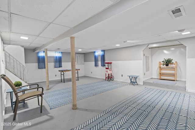 2125 Ferguson St, Rotterdam, NY 12303 - basement with a drop ceiling, stairs, and electric panel