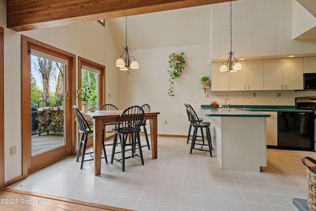dining room featuring a chandelier, beamed ceiling, baseboards, high vaulted ceiling, and light tile patterned floors