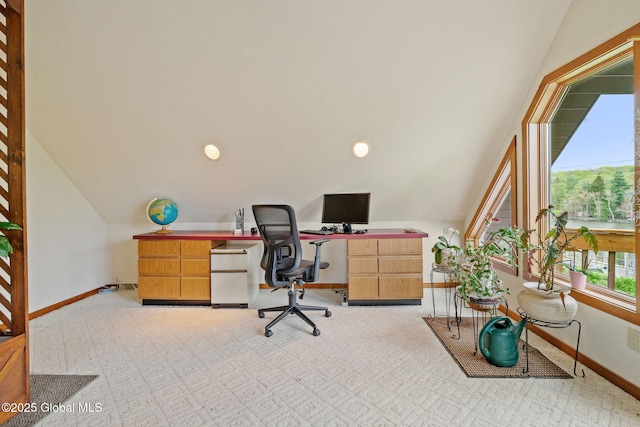 carpeted home office featuring baseboards, lofted ceiling, and recessed lighting