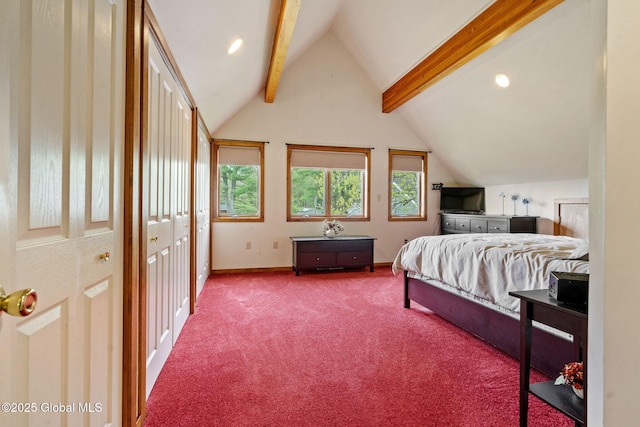 bedroom with carpet floors, baseboards, and recessed lighting