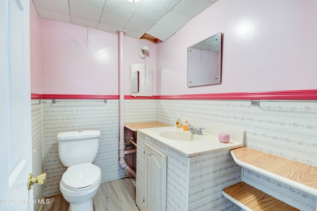 half bathroom with wood finished floors, toilet, vanity, and a wainscoted wall