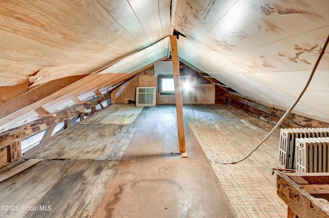 unfinished attic with radiator heating unit