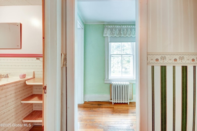 bathroom featuring radiator, wood finished floors, and ornamental molding