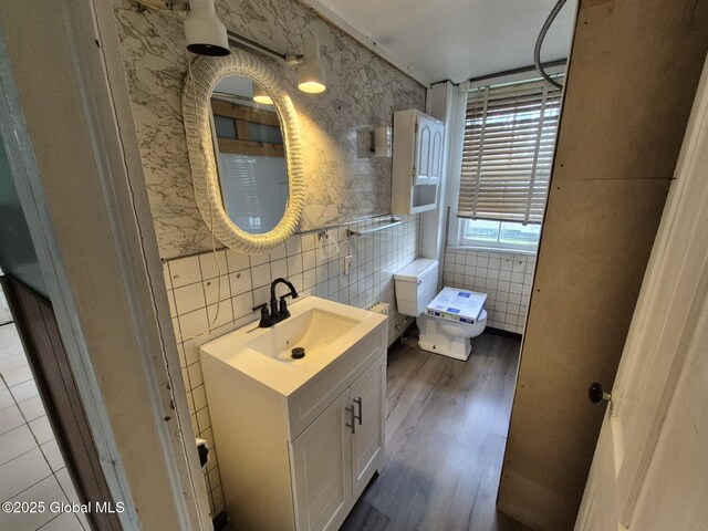1220 5th Ave, Watervliet, NY 12189 - bathroom featuring tile walls, wood finished floors, toilet, and vanity