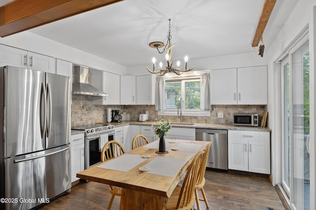 kitchen with appliances with stainless steel finishes, wall chimney exhaust hood, healthy amount of natural light, a sink, and beamed ceiling