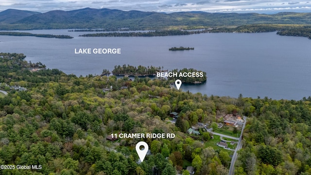 aerial view of property and surrounding area with a water and mountain view and a heavily wooded area
