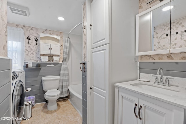 1841 Lenox Rd, Schenectady, NY 12308 - bathroom with separate washer and dryer, toilet, wallpapered walls, vanity, and shower / bath combo