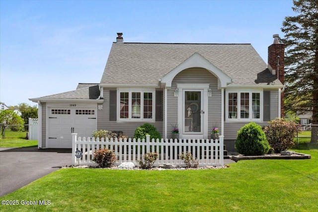 view of front of home with a garage, a chimney, driveway, and roof with shingles