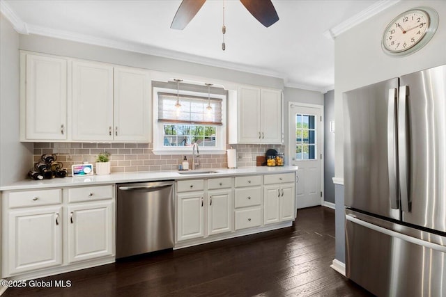 kitchen featuring stainless steel appliances, a sink, crown molding, ceiling fan, and light countertops