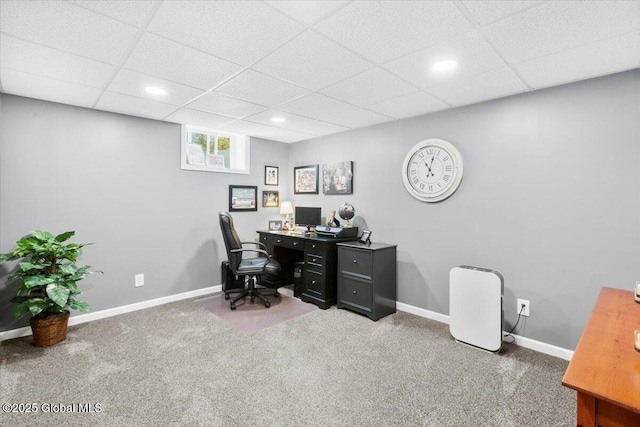 home office with baseboards, carpet flooring, recessed lighting, and a drop ceiling
