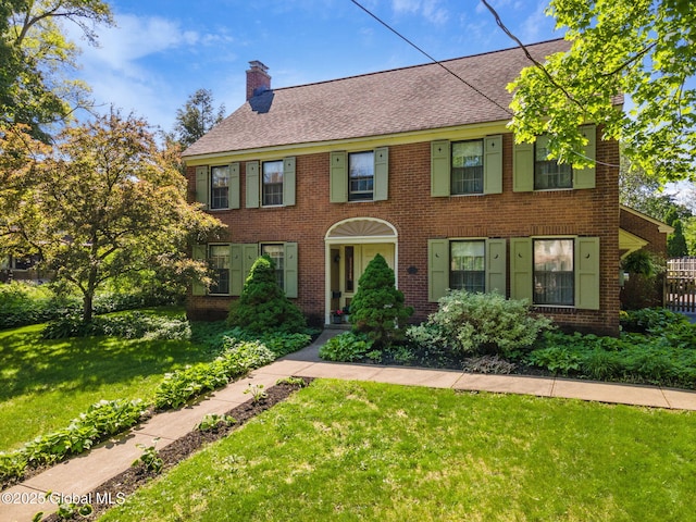 1435 Lowell Rd, Schenectady, NY 12308 - view of front facade featuring brick siding, a chimney, a front yard, and a shingled roof