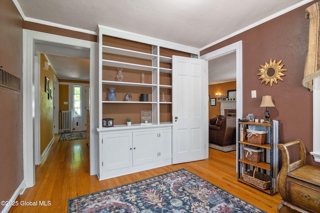 1435 Lowell Rd, Schenectady, NY 12308 - interior space with radiator heating unit, light wood-style flooring, a fireplace, and crown molding