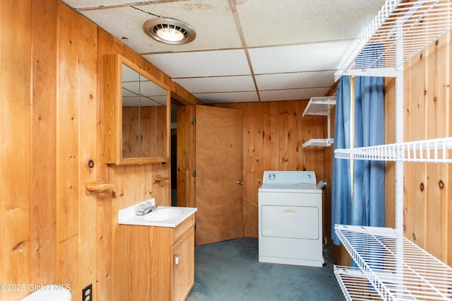 127 John St, Hudson Falls, NY 12839 - laundry area with washer / clothes dryer, wood walls, and carpet floors