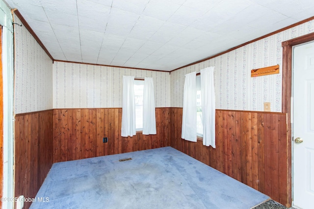 127 John St, Hudson Falls, NY 12839 - carpeted empty room with crown molding, a wainscoted wall, and wood walls
