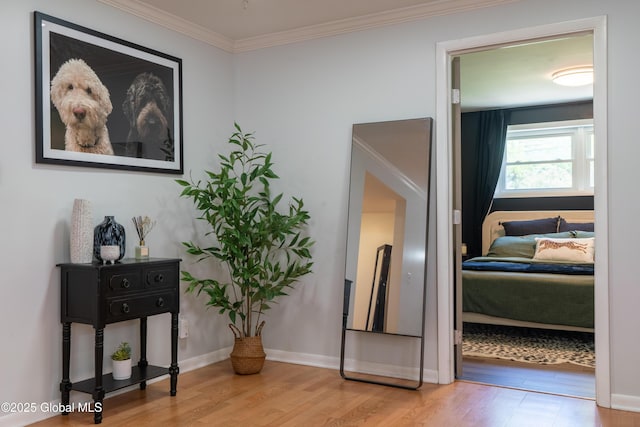 hall featuring wood finished floors, ornamental molding, and baseboards