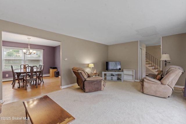 15 Oak Tree Ln, Colonie, NY 12309 - living room featuring a chandelier, baseboards, stairs, and light carpet