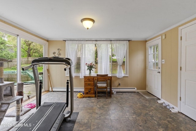 15 Oak Tree Ln, Colonie, NY 12309 - exercise area with plenty of natural light, baseboards, ornamental molding, and stone finish flooring