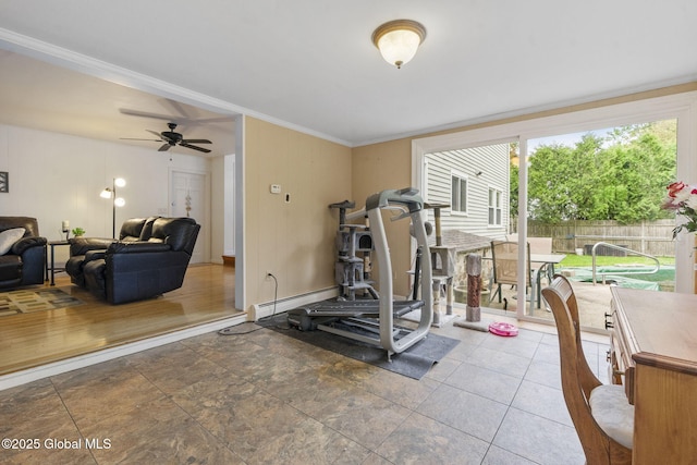 15 Oak Tree Ln, Colonie, NY 12309 - workout area featuring ceiling fan, crown molding, and a baseboard radiator