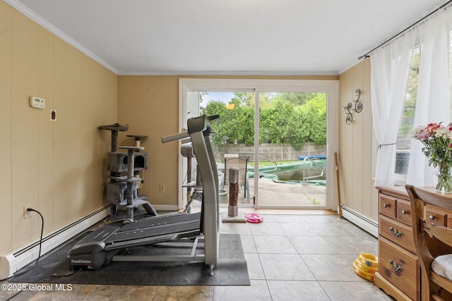 15 Oak Tree Ln, Colonie, NY 12309 - workout room with a baseboard radiator, ornamental molding, and light tile patterned floors