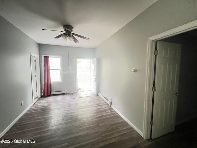 31-33 Malta Ave, Ballston Spa, NY 12020 - empty room featuring a baseboard radiator, a ceiling fan, dark wood-style flooring, and baseboards
