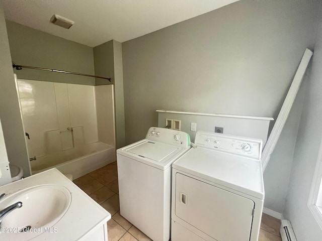 31-33 Malta Ave, Ballston Spa, NY 12020 - laundry room featuring independent washer and dryer, light tile patterned floors, and a baseboard heating unit