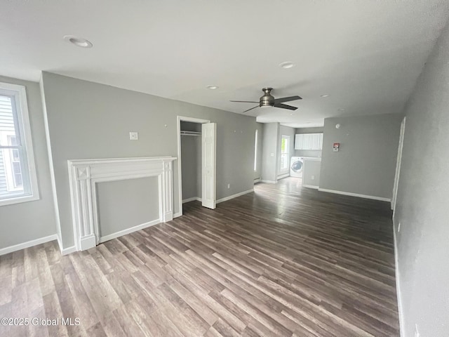 31-33 Malta Ave, Ballston Spa, NY 12020 - unfurnished living room featuring a ceiling fan, wood finished floors, baseboards, washer / clothes dryer, and recessed lighting