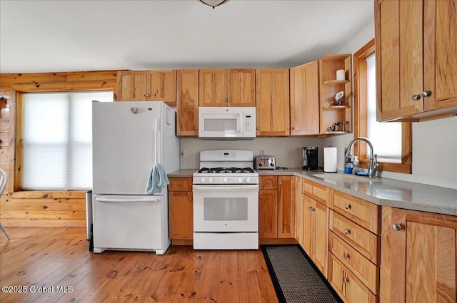 126 Lakeview Ln, Mayfield, NY 12117 - kitchen featuring white appliances, a sink, open shelves, and light wood finished floors