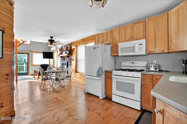 126 Lakeview Ln, Mayfield, NY 12117 - kitchen with white appliances, ceiling fan, light wood-style flooring, and light countertops