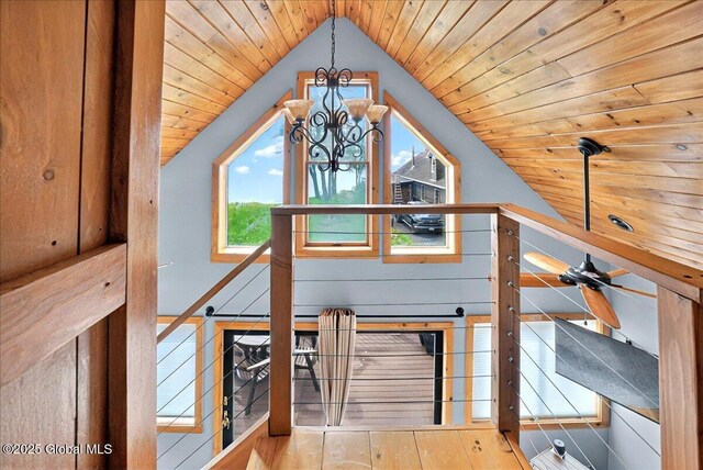 126 Lakeview Ln, Mayfield, NY 12117 - detailed view of a chandelier, wood ceiling, and wood finished floors