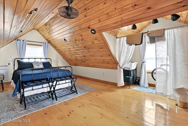 126 Lakeview Ln, Mayfield, NY 12117 - bedroom featuring vaulted ceiling, hardwood / wood-style floors, baseboards, and wooden ceiling