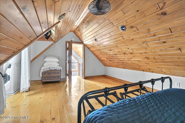 126 Lakeview Ln, Mayfield, NY 12117 - bedroom with wood ceiling, hardwood / wood-style flooring, lofted ceiling, and baseboards