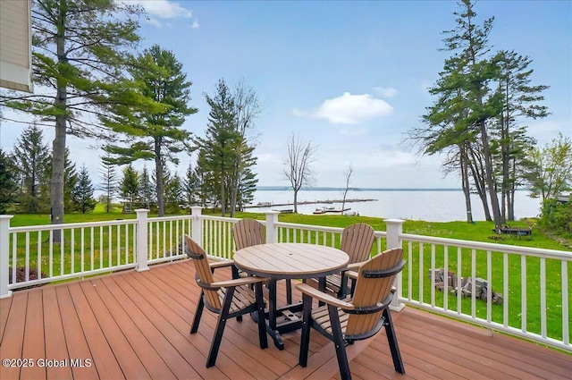 126 Lakeview Ln, Mayfield, NY 12117 - wooden terrace featuring a water view, outdoor dining space, and a yard