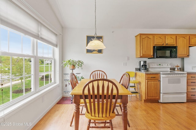 kitchen with white electric range, black microwave, healthy amount of natural light, and light wood finished floors