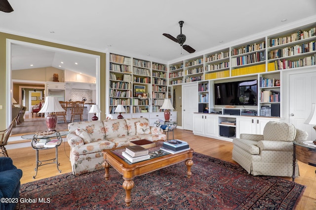 6510 State Route 10, Seward, NY 13459 - living room featuring ceiling fan, wood finished floors, built in features, ornamental molding, and recessed lighting