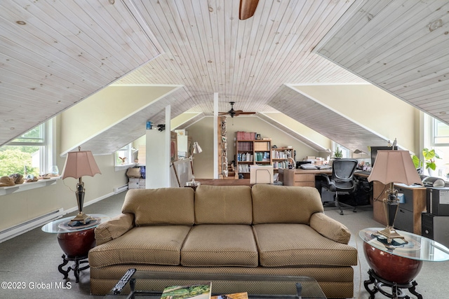 6510 State Route 10, Seward, NY 13459 - living room with ceiling fan, plenty of natural light, wooden ceiling, a baseboard radiator, and lofted ceiling