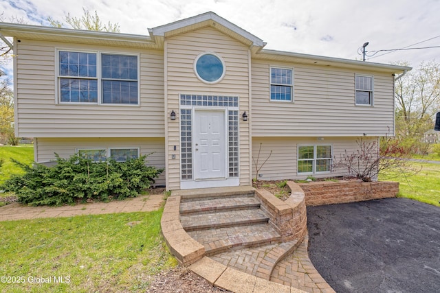 raised ranch featuring a front lawn