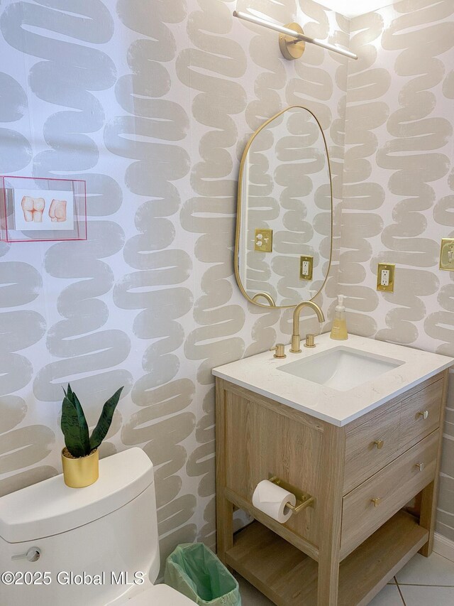 5 Moon Dr, Saratoga Springs, Inside, NY 12866 - bathroom with wallpapered walls, toilet, vanity, and tile patterned flooring