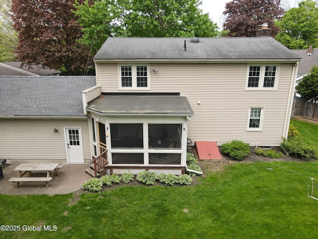 5 Moon Dr, Saratoga Springs, Inside, NY 12866 - back of property featuring a sunroom, a patio area, a chimney, and a lawn