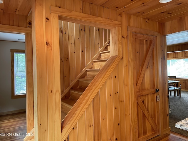 166 Finkle Rd, Bolton, NY 12814 - stairway featuring wood finished floors and wooden walls