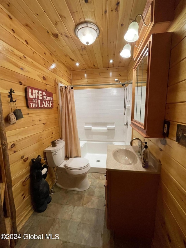 166 Finkle Rd, Bolton, NY 12814 - full bathroom with wood ceiling, toilet, a shower with shower curtain, wood walls, and vanity