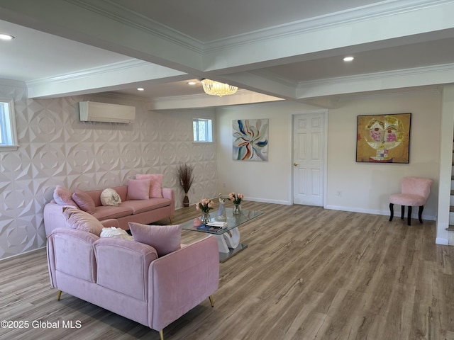 111 Rose St, Delanson, NY 12053 - living room with a wall mounted AC, wood finished floors, baseboards, ornamental molding, and recessed lighting