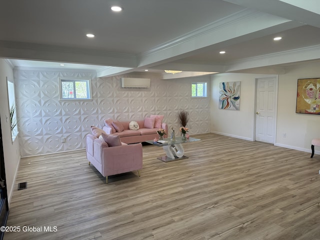 111 Rose St, Delanson, NY 12053 - living area featuring ornamental molding, a wall mounted AC, baseboards, wood finished floors, and recessed lighting