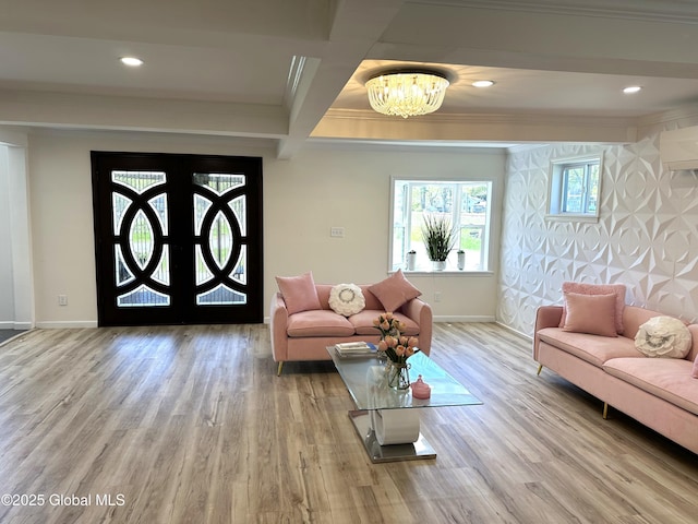 111 Rose St, Delanson, NY 12053 - living room with baseboards, ornamental molding, a chandelier, wood finished floors, and beam ceiling