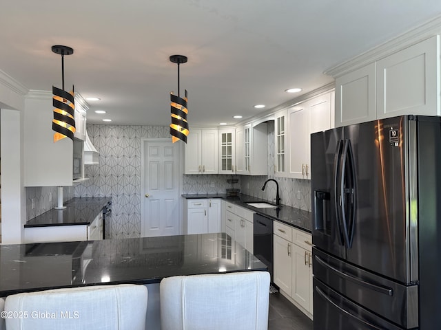 111 Rose St, Delanson, NY 12053 - kitchen with black appliances, a sink, white cabinets, glass insert cabinets, and recessed lighting