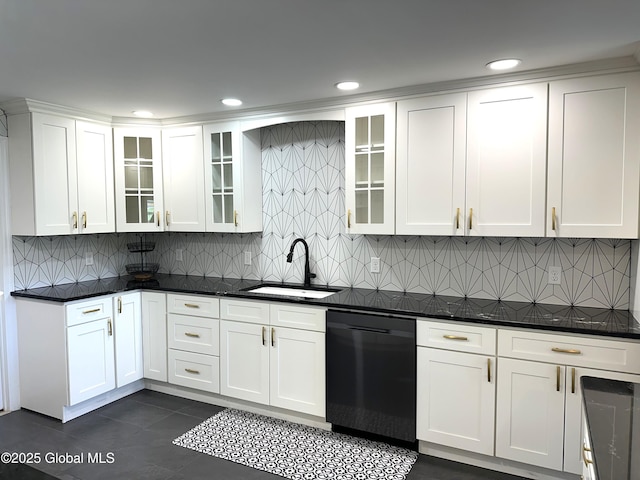 111 Rose St, Delanson, NY 12053 - kitchen featuring a sink, dishwasher, dark countertops, white cabinetry, and tasteful backsplash