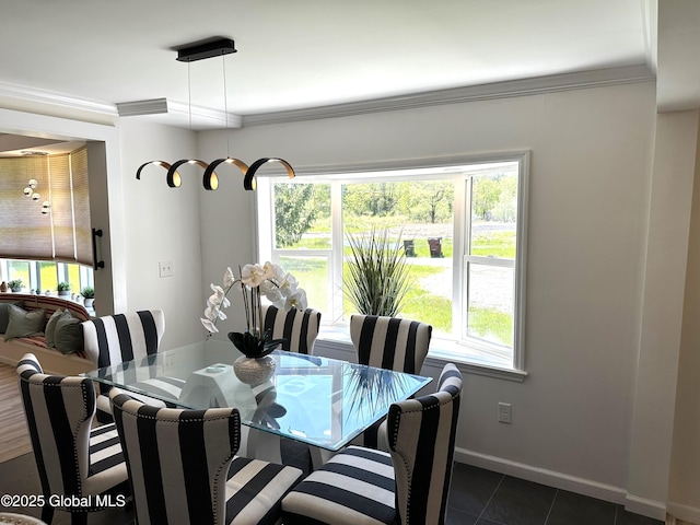 111 Rose St, Delanson, NY 12053 - dining space with ornamental molding, baseboards, and dark tile patterned flooring