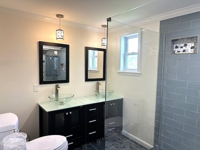 111 Rose St, Delanson, NY 12053 - full bathroom featuring toilet, ornamental molding, double vanity, and tile patterned flooring