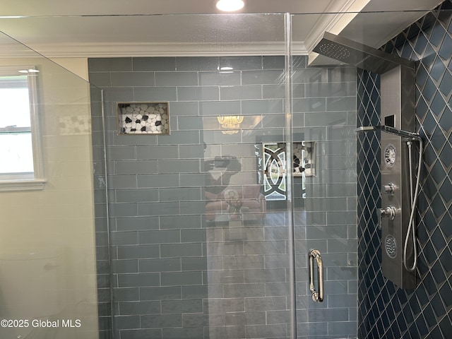 111 Rose St, Delanson, NY 12053 - bathroom featuring a stall shower and ornamental molding